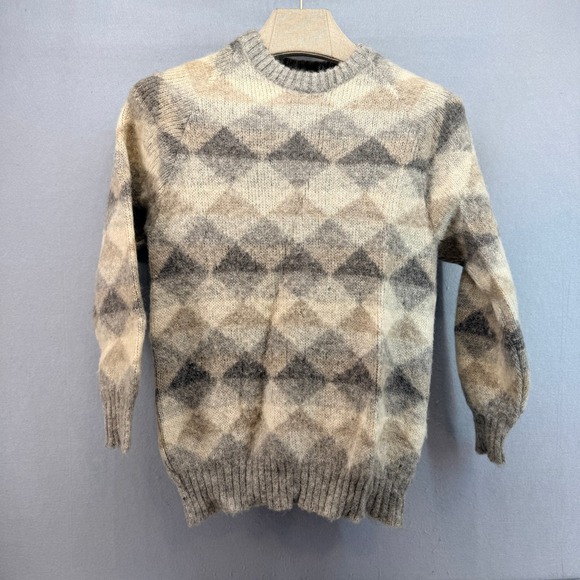 Vintage Islendingen Icelandic Wool Sweater Argyle Geometric Gray Beige Small - Picture 2 of 10
